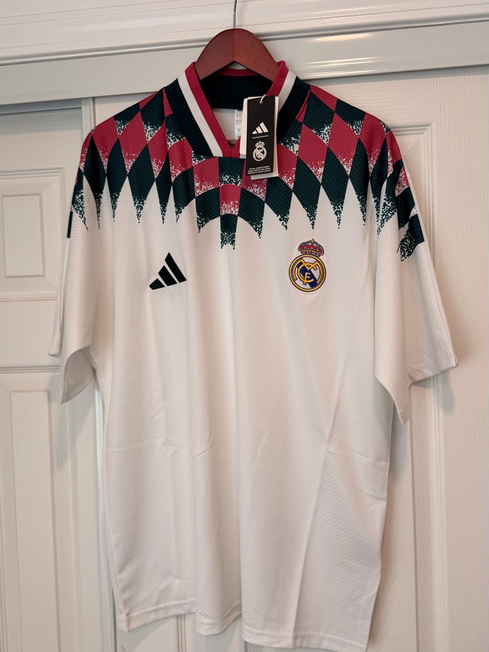 Adidas Real Madrid White Jersey with Burgundy & Dark Green Geometric Yoke